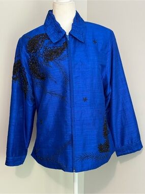 Vintage ANAGE 100% Silk Beaded Paisley Jacket Blue Large